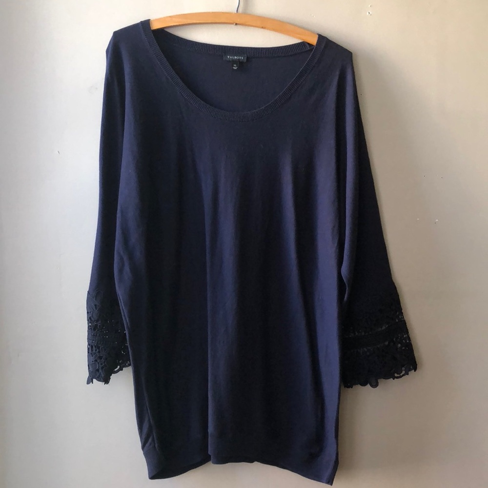Talbots Navy Blue/Black Sweater Tunic With Lace Sleeve Cuffs Size XL